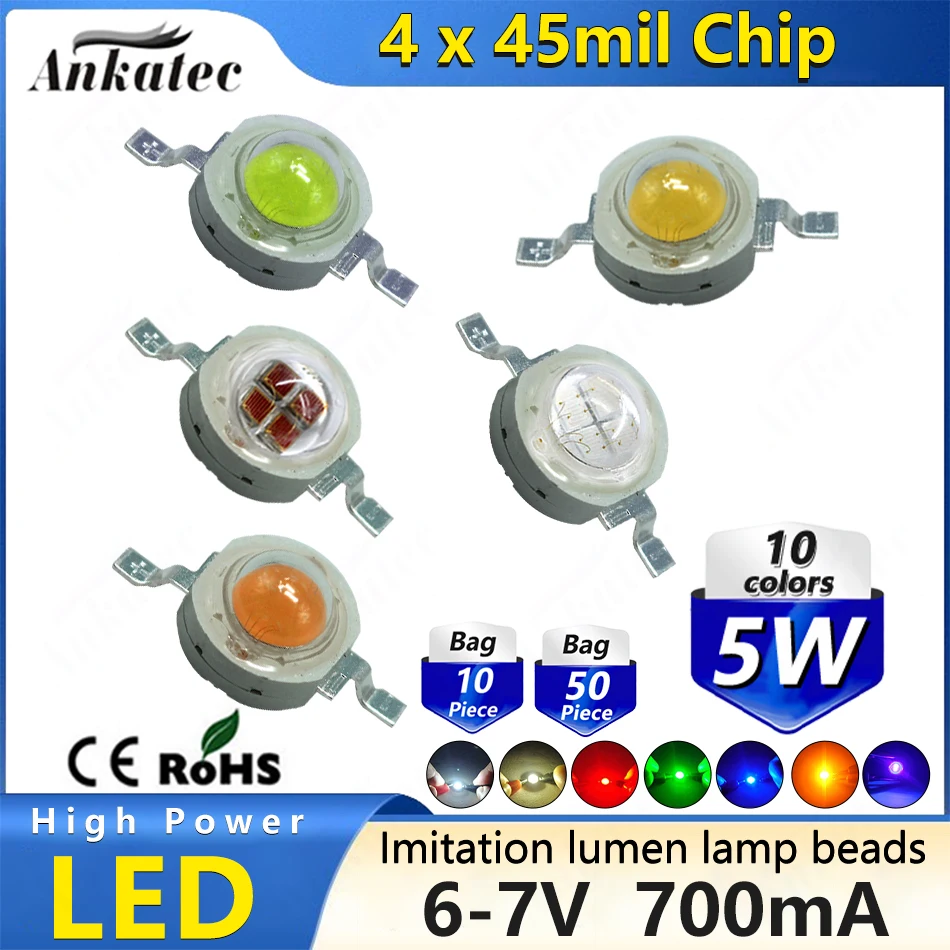 

5W 6V High Power 4 Chip LED High Lumen Lamp Beads 45mil Red Green Blue Cold White Warm Yellow UV395 Full Spectrum 380-840nm