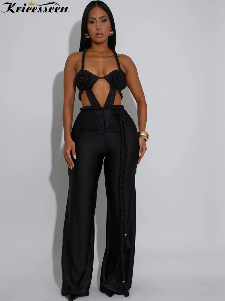 

Kricesseen Luxury Women's Halter Neck Cut Out Bandage Jumpsuits Night Clubwear Sexy Backless Lace-Up Skinny Rompers Overalls
