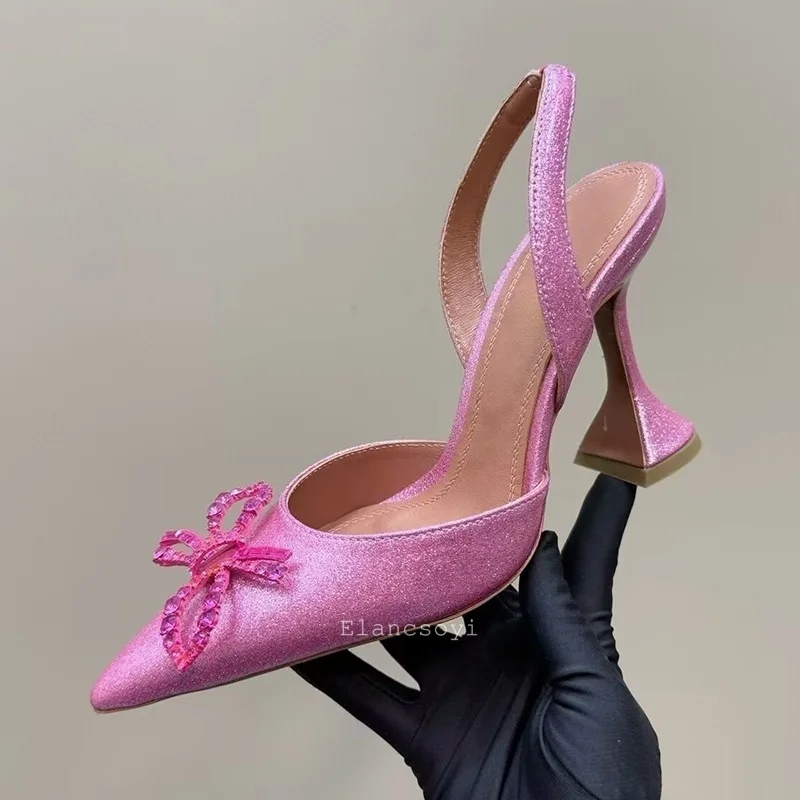 Sandals Women Shiny Leather Pointed Toe Back Strap Sandalias Summer Rhinestone Bow Cup High Heels Dress Shoes Sexy Party Shoes