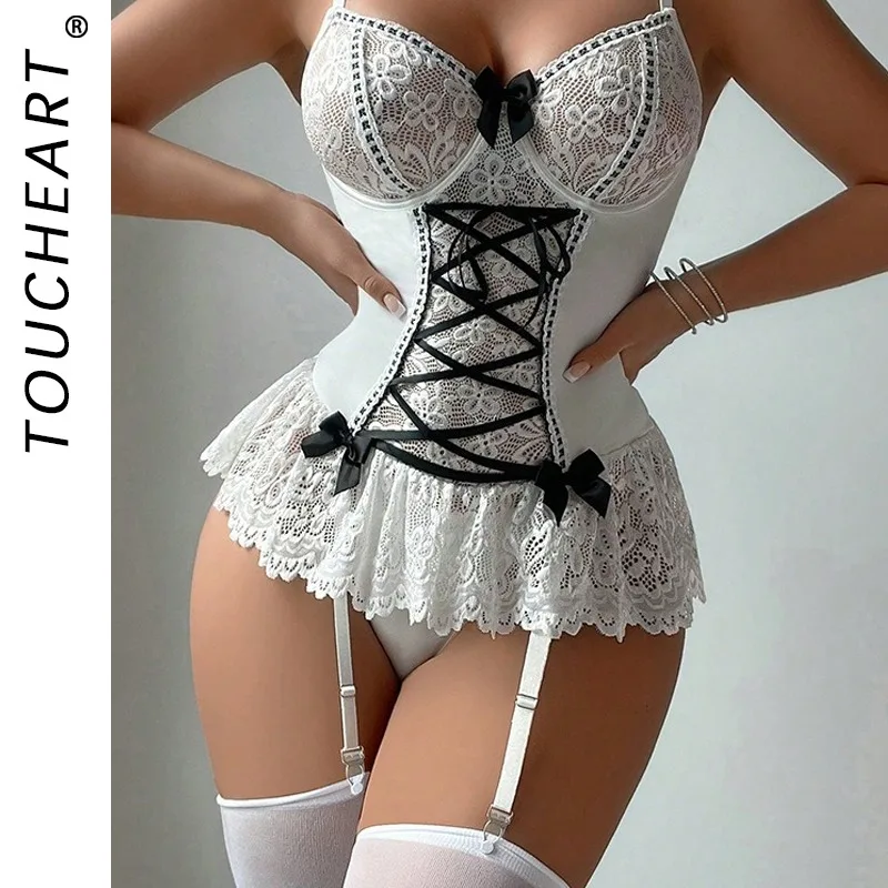 

Toucheart Sexy Lace Underwear Jumpsuit Set for Women Mesh Splicing Temptation Bodysuit Thong Two-piece Set Women's Lingerie Suit