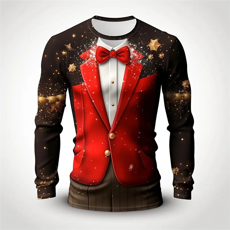 

Fun Christmas Costume T-Shirts Fake Suit Tie 3D Print Men's O-Neck Long Sleeve T Shirt Harajuku Pullovers Tees Tops Kid Clothing