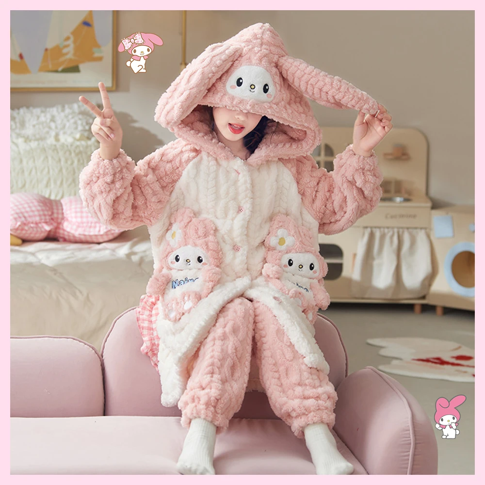 Kuromi Cinnamoroll Kawaii Anime Girl Plush Pajamas Robe Pants Sanrio Kid Winter Long-Style Cartoon Warm Thicken Hooded Home Wear