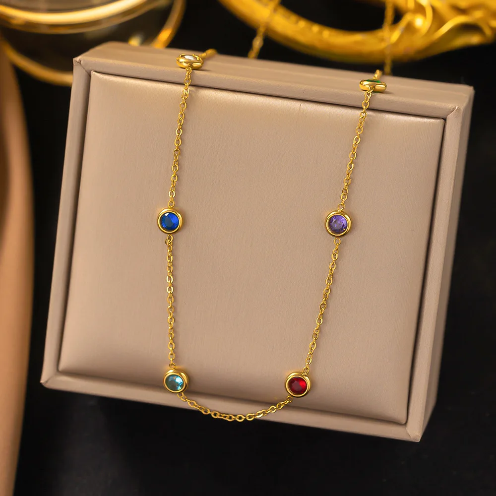 OIMG 316L Stainless Steel Gold Plated Bohemian Enamel Zirconia Small  Beads Design Pendant Necklace For Women Christmas Gift