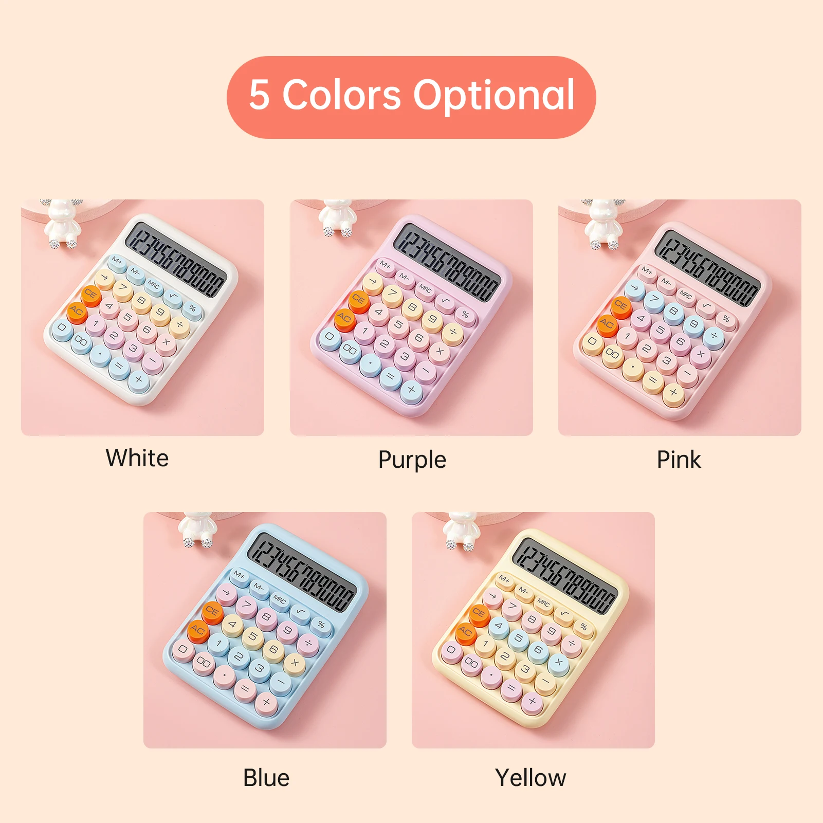 Mechanical Calculator 12 Digit Large LCD Display Big Round Button Cute Candy Colored Calculator Suitable for Office School Home