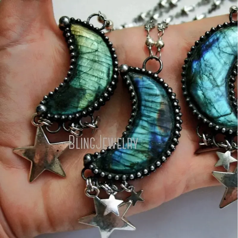 

10pcs Halloween Labradorite Crescent Moon Star Stainless Steel Chain Layered Necklace Spectrolite Statement Women Boho Jewelry