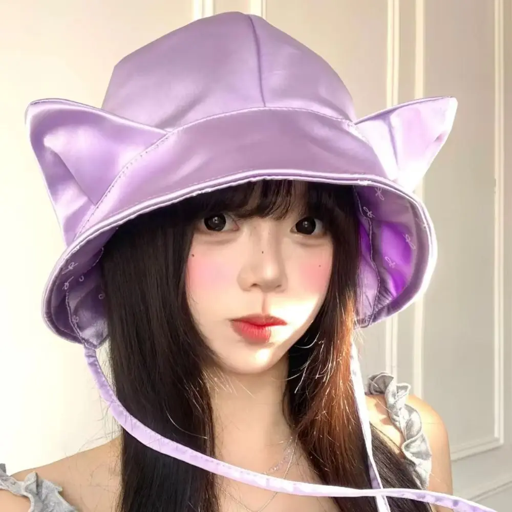 Simple Korean Style Cat Ears Bucket Hat Y2K Little Devil Horn Silk Satin Fisherman Hat Cute Solid Color Small Loli Cap Men