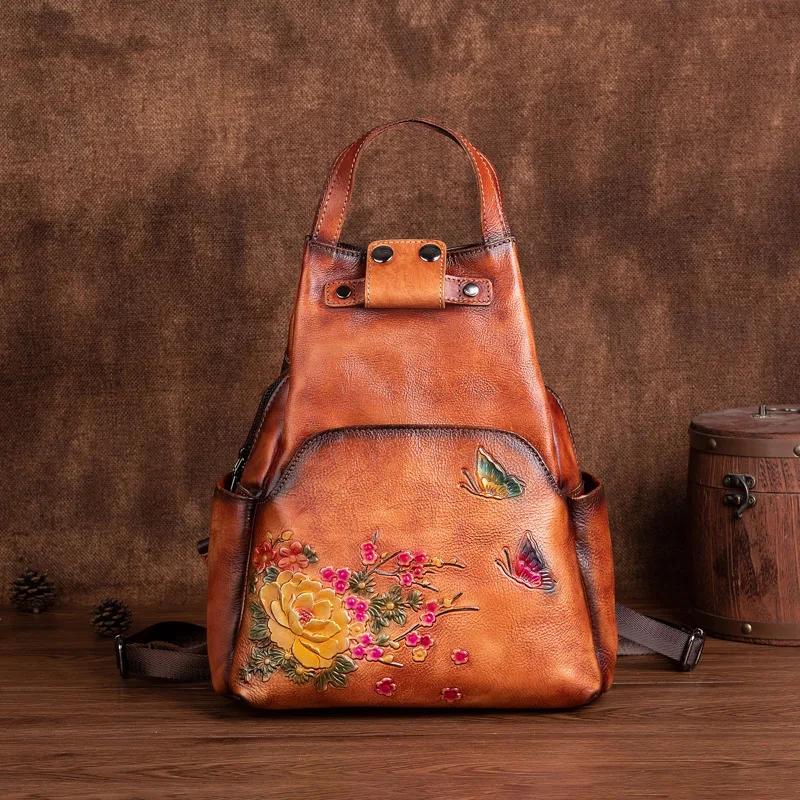 Handcrafted retro brushed top layer cowhide women's Chinese-style floral backpack, creative hand-held backpack