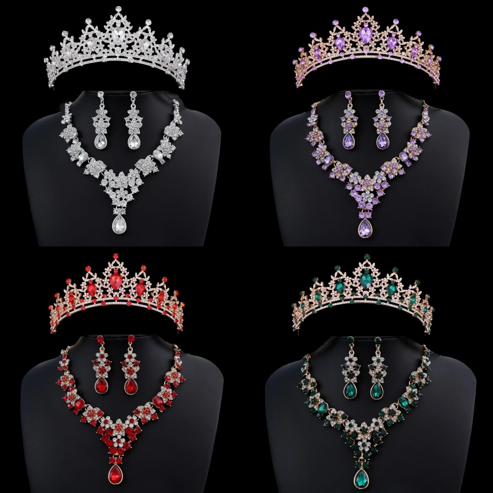 

Набор из 3 предметов: колье, серьги и корона с кристаллами, свадебный комплект украшений с камнями, аксессуары для волос для невесты, свадебная корона-тиара