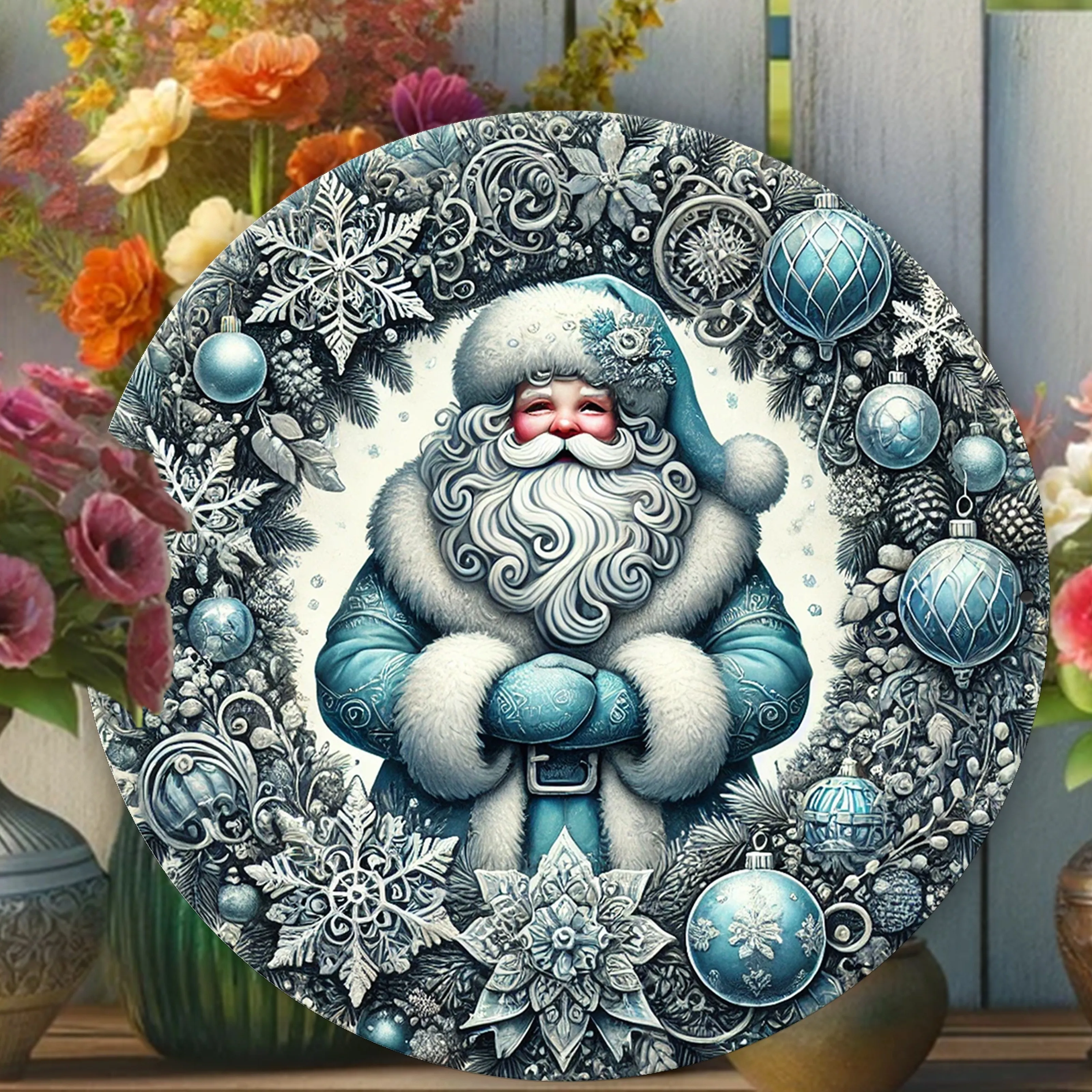 Stunning 3D Christmas Santa Wreath Wall Art - 20X20Cm (8X8In) 2D Printed Metal Sign, Perfect for Home Room, Cafe, Bedroom