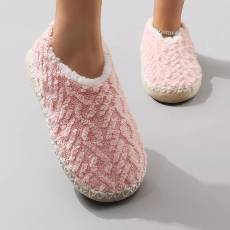 Fashionable and Simple Solid Color Autumn and Winter Plush Thick-Soled Stitched Closed-Back Women's Home Slippers Warm Floor Soc view 5