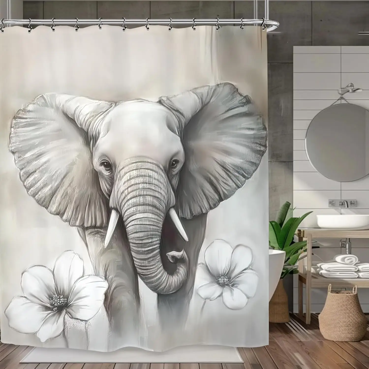 Realistic Elephant Art Mural Shower Curtain Bathroom Decor Black and White Floral Wildlife Sketch Modern Home Bath Supplies