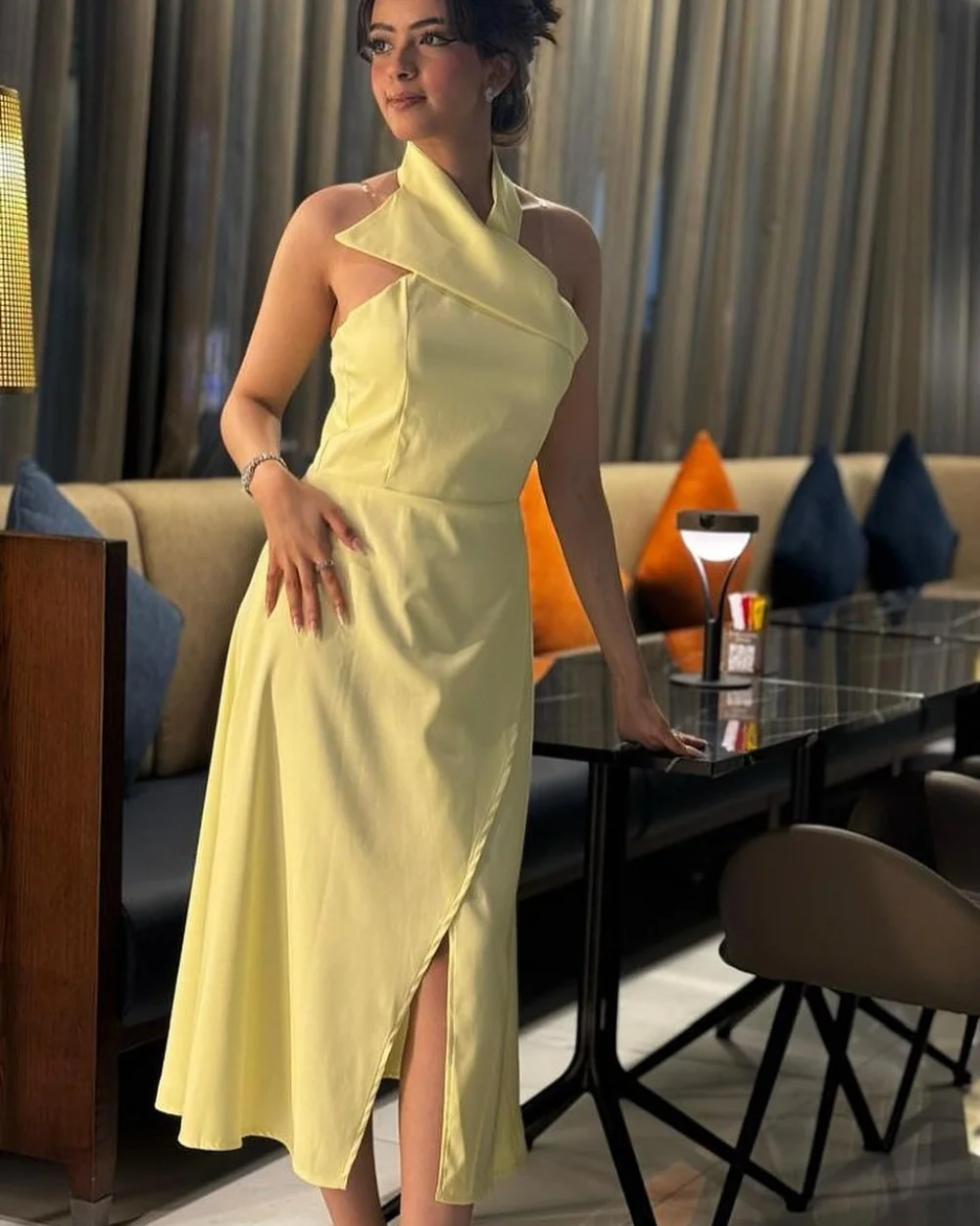 

Customized Chinese Style Casual Chiffon Ruched Pleat Straight Halter Tea Length Dresses Bespoke Occasion Dresses Sizes Available