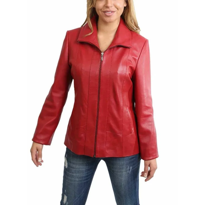 

Classic Women Genuine Lambskin 100% Leather Jacket Biker Basic Red Coat Collared