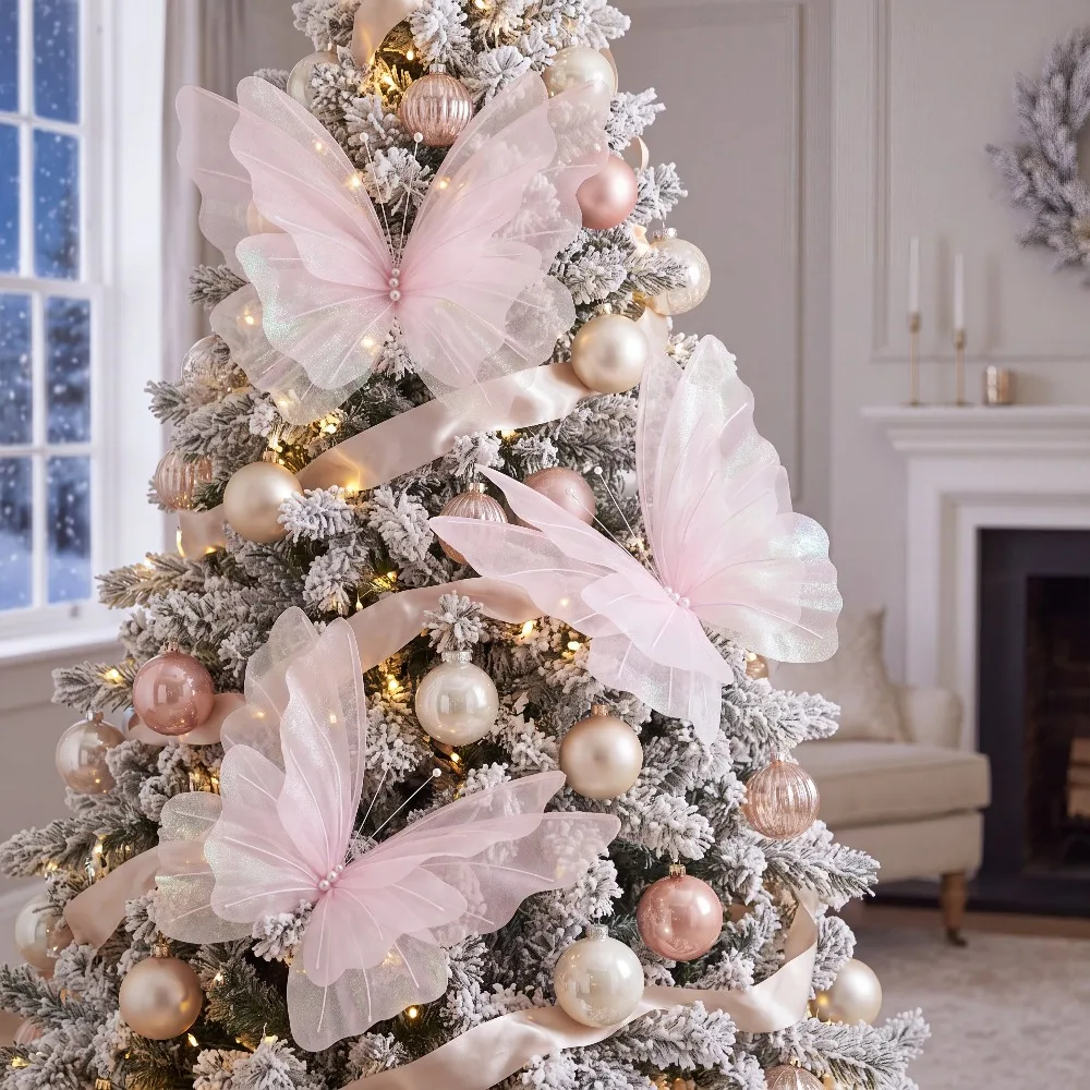 3 pieces of large-sized hanging Christmas pink butterfly decorations, laser-sheen silk imitation butterflies, Christmas tree dec