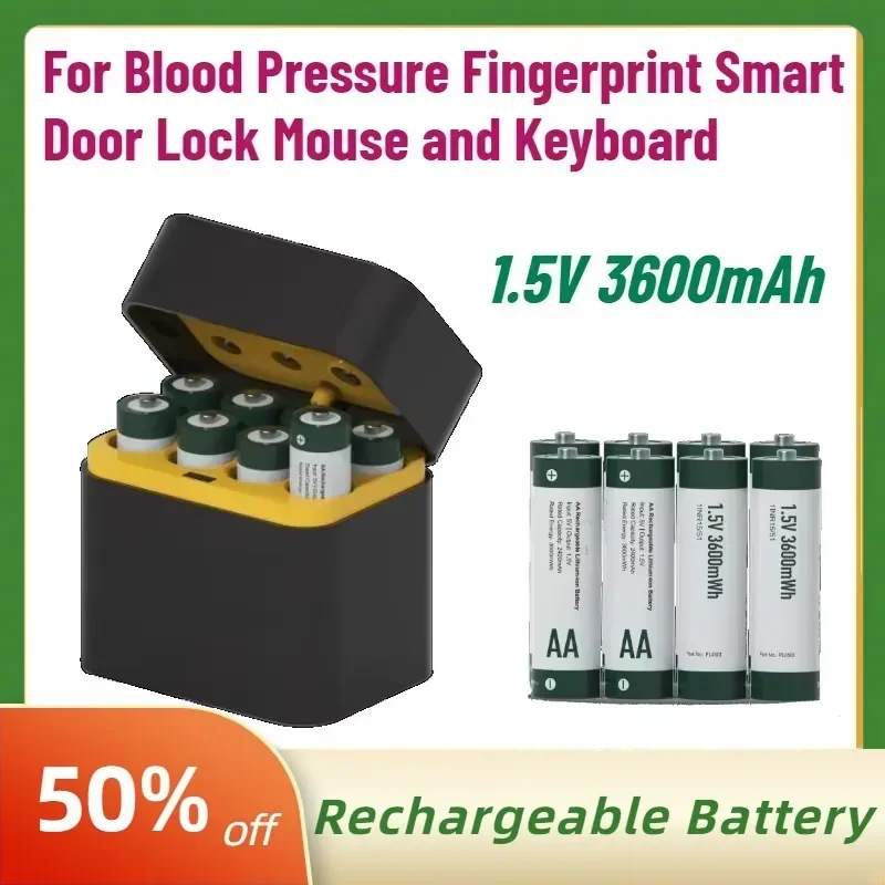 

New AA 1.5V 3.6Ah Rechargeable Li-ion Battery for Blood Pressure Fingerprint Smart Door Lock Mouse and Keyboard+Charging Case