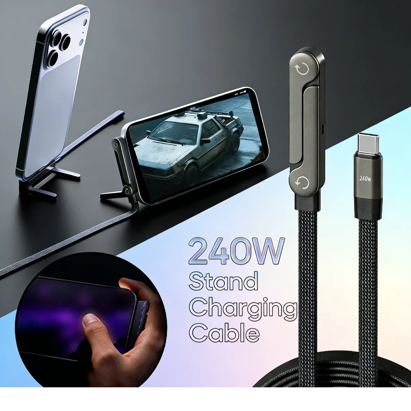 

240W Type-C To Type-C Fast Charging Data Cable Elbow For iPhone 17 16 15 Huawei Gaming Compatible USB Cable Foldable Stand