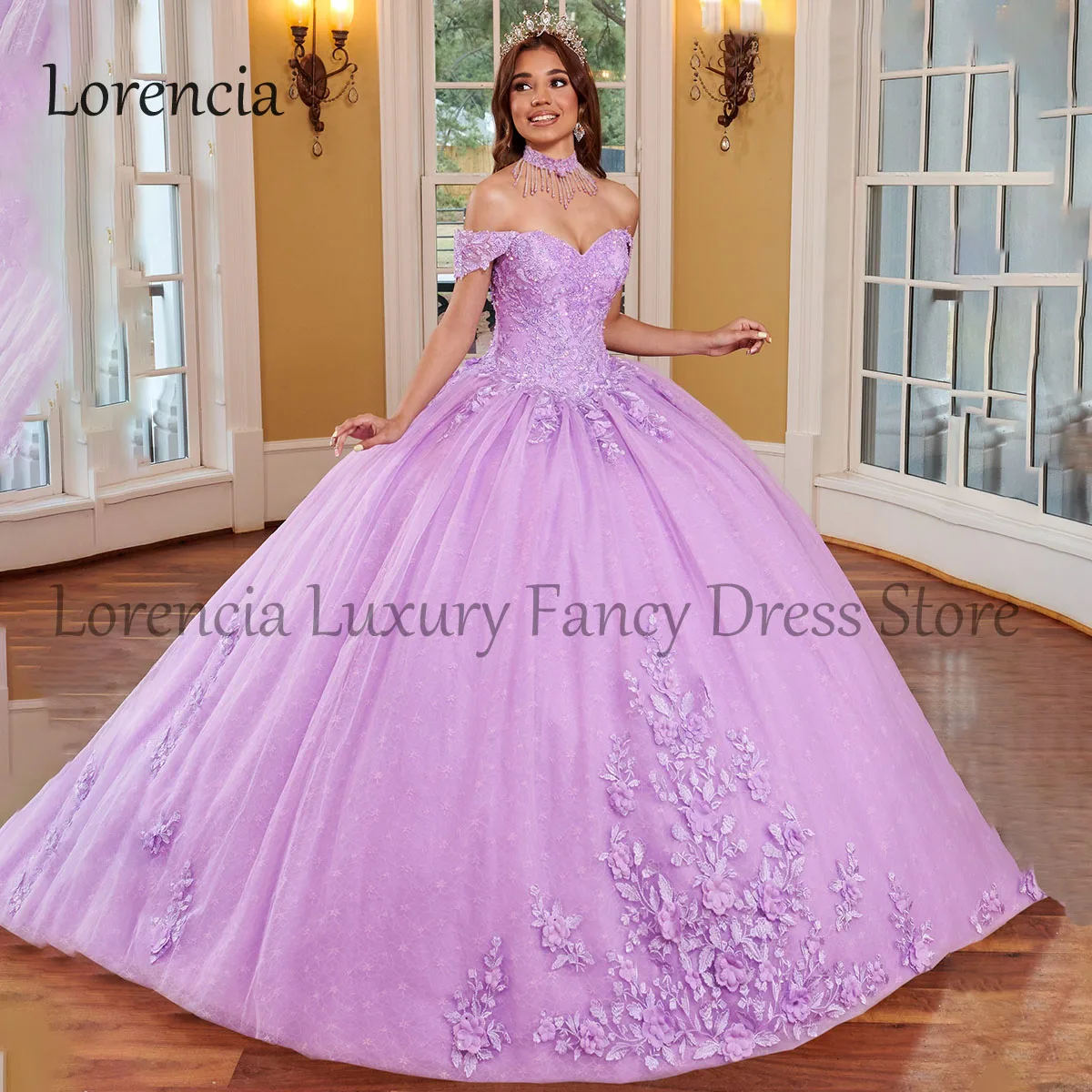 Vestido de baile con lentejuelas y hombros descubiertos, traje de quinceañera con apliques de cuentas escalonadas, encaje, flor 3D, dulce 16, 2024