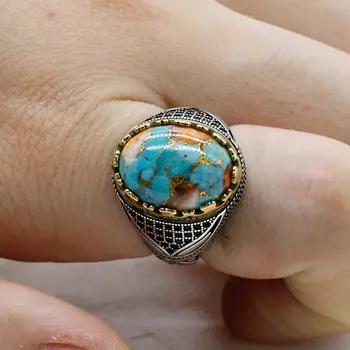 Stříbrný prsten 925 s přírodním tyrkysovým kamenem, vintage párový prsten, thajské stříbrné šperky, sada pro ženu, prsten 10 nejlepší prodej Stříbrné šperky 925 z Thajska - №4