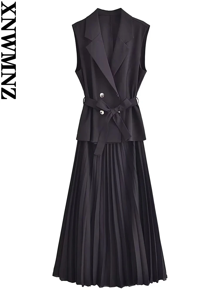 XNWMNZ Women\'s Fashion 2023 Pleated Waistcoat Dress Women High Street Lapel Sleeveless Belt Versatile Female Midi Dresses