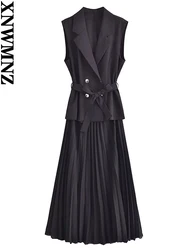 XNWMNZ Women's Fashion 2023 Pleated Waistcoat Dress Women High Street Lapel Sleeveless Belt Versatile Female Midi Dresses