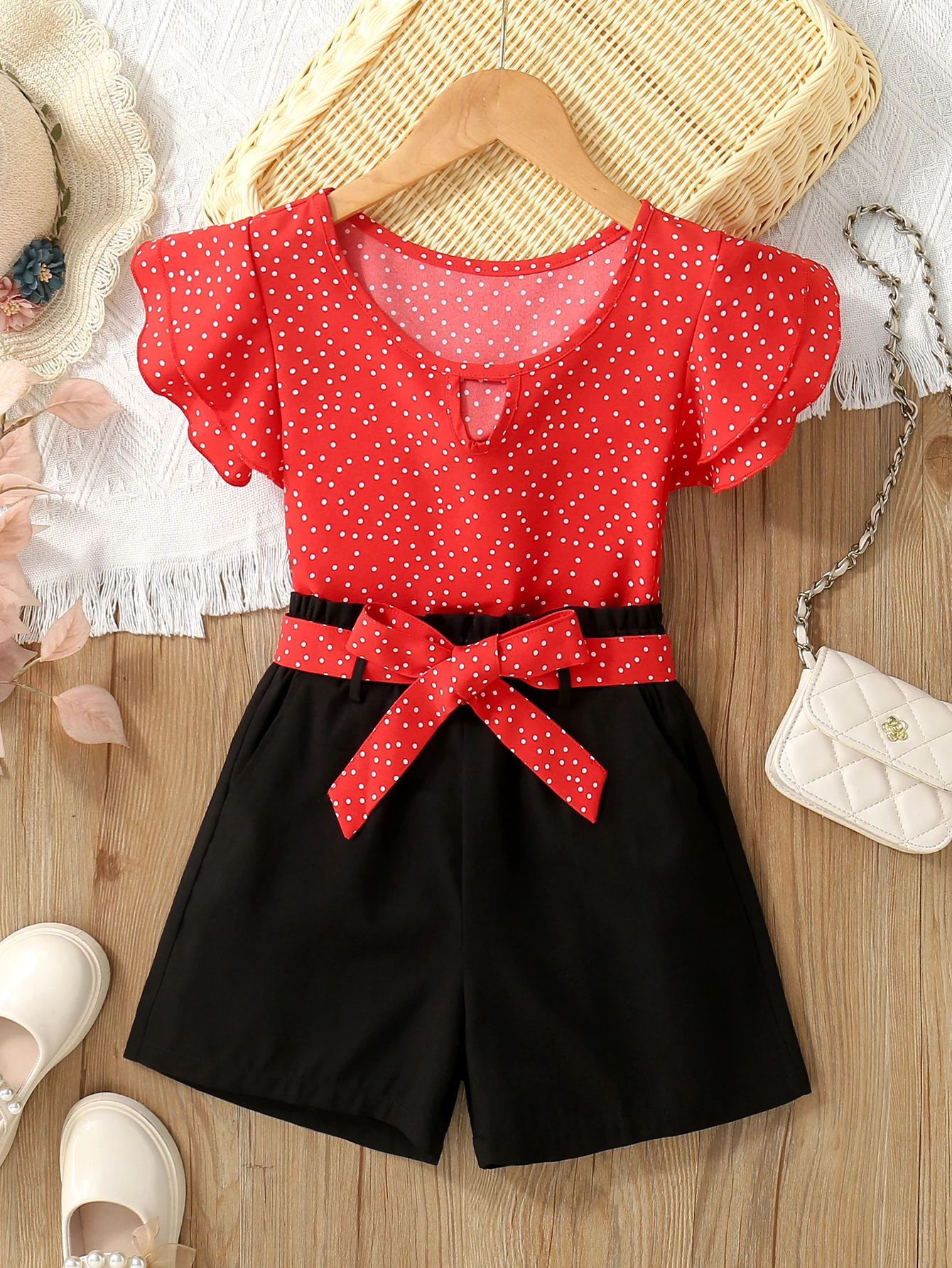 Two Piece Set Of Round Dot Fly Sleeved Shirt And Solid Color Shorts For Girls In Summer Clothing