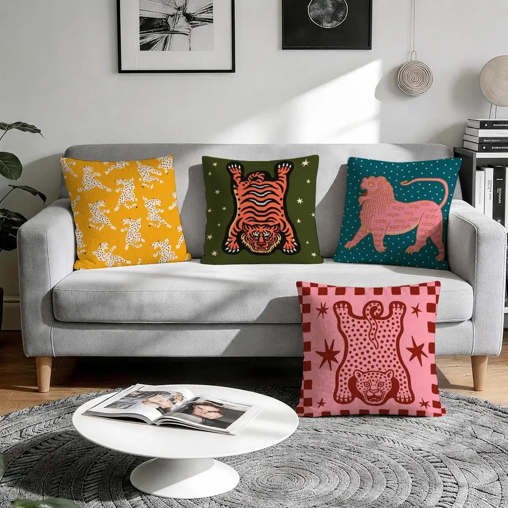 Tiger Leopard Lion art Cushion Cover Natural Breathable Durable Linen Printed Decor Pillow Case Sofa Bedroom