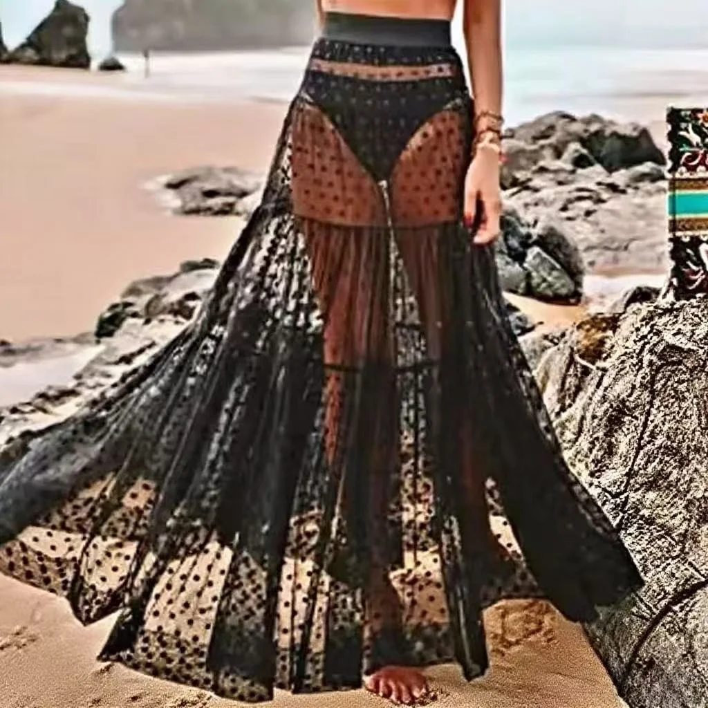 

Women Polka Dot Mesh Transparent Skirt High Waist Loose Pleated Long Skirts Summer Sexy Club Beach Cover-ups Skirt Gothic Y2k