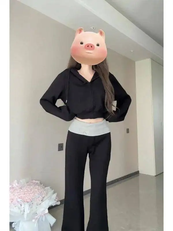 

Американский ретро-комплект: куртка с капюшоном на шнурке и брюки в стиле колор-блок, повседневные, удлиненные, весна-осень, новый комплект из двух предметов