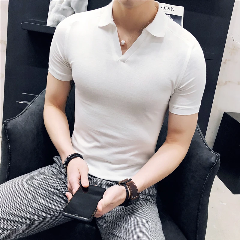 Summer New V-neck Breathable Polo Shirt Men Clothing 2022 Fashion Short Sleeved Slim Fit  Solid Color Tee Tops Streetwear 4XL-M