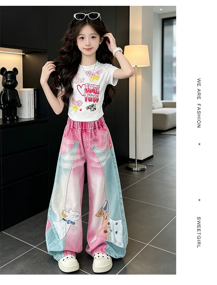 1 Set Mädchen Cartoon-Print-Set Kinder Sommer Kurzarm-Oberteile und Weitbein-Jeans-Anzug Modisches Kostüm Niedliche Kinder-Freizeitsets – Detail 3