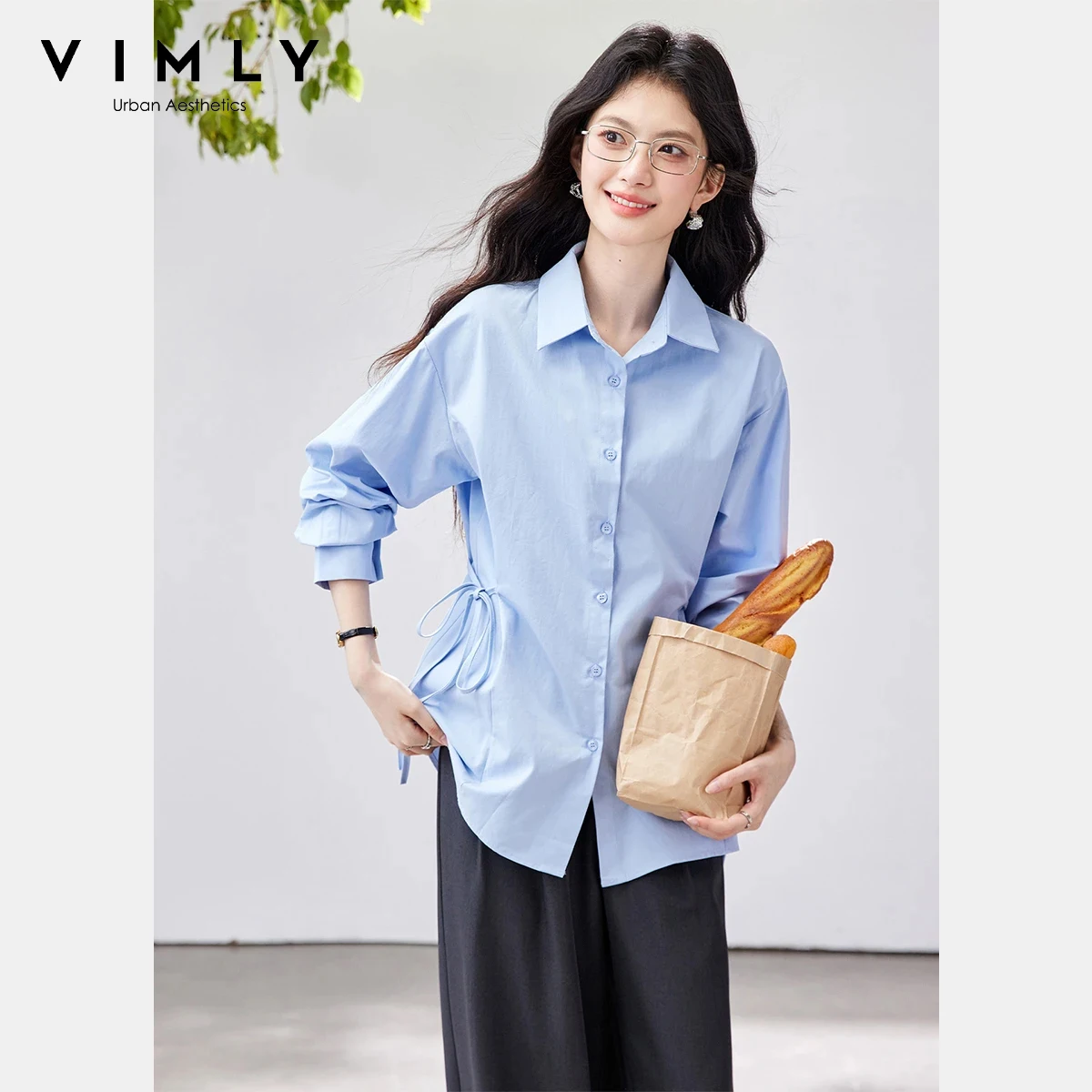 

Женская блузка VIMLY из 100% хлопка, светло-голубая, весна 2026, новая модная офисная модель с симметричным воротником-бантом и длинными рукавами, 30767