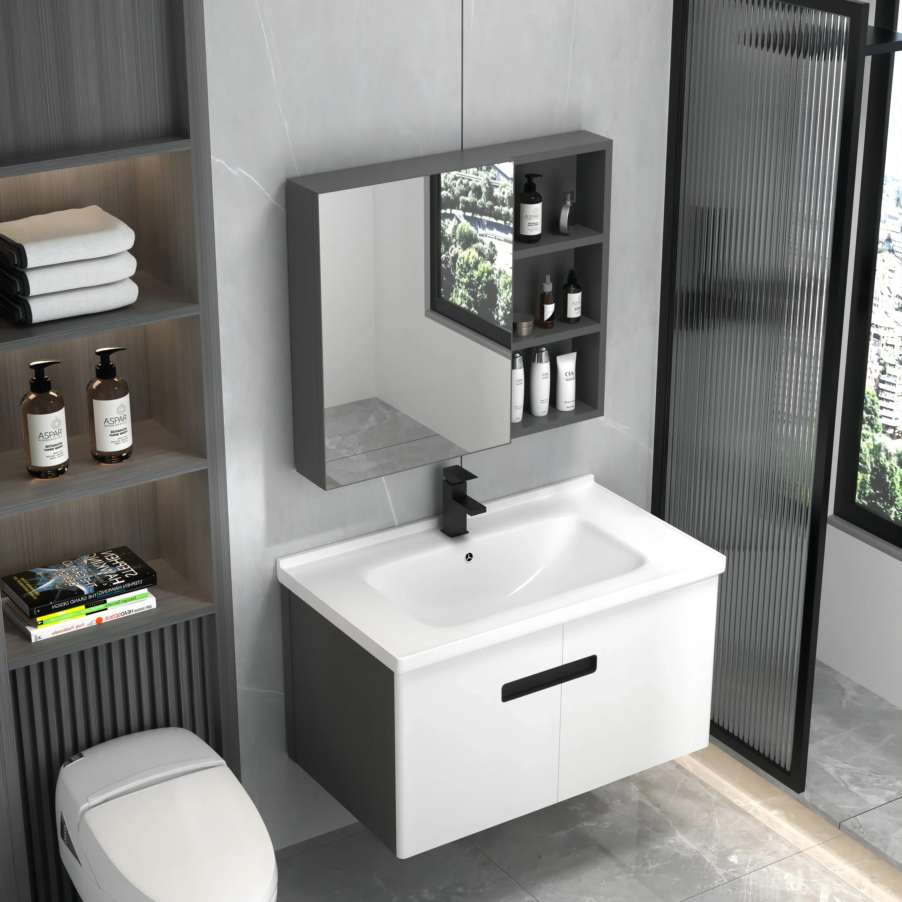 

@#Modern Minimalist Hotel Use Wall-Mounted Eco-Friendly Bathroom Cabinet Vanity with Sink and Mirror