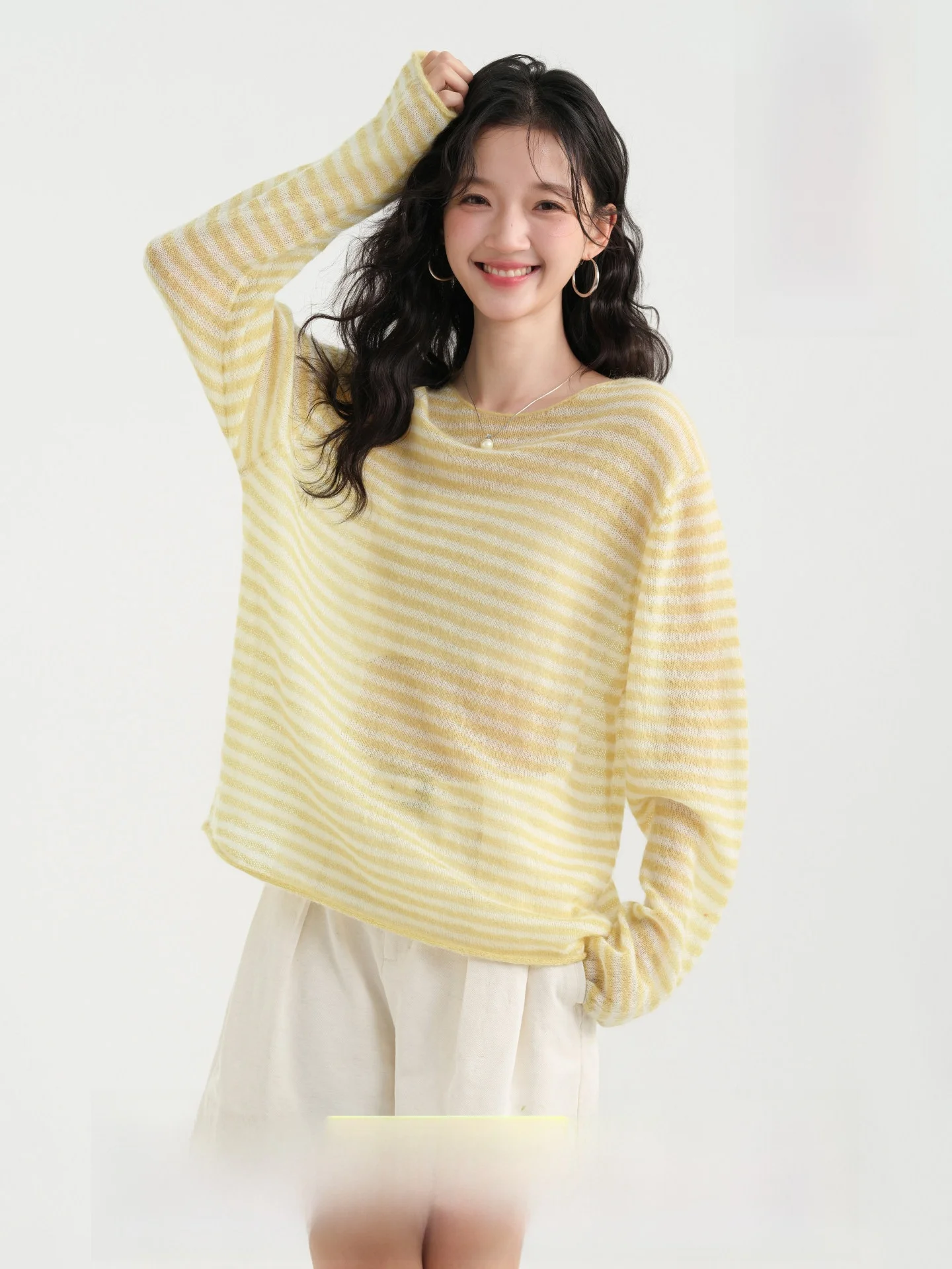 

Женский трикотажный топ Miu Style с длинным рукавом, круглым вырезом, в полоску, свободного кроя, дышащий, для весны, повседневный, комфортный