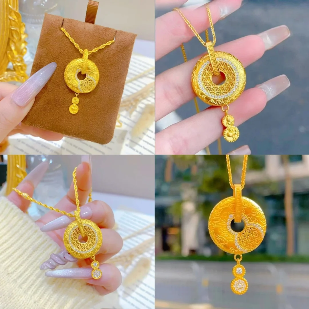 الرجال/النساء 24K الذهب AU999 الماس زر السلام وقلادة الحظ |   تصميم ملفوف بالكرمة مع كروم الماس، أنيق يوميًا