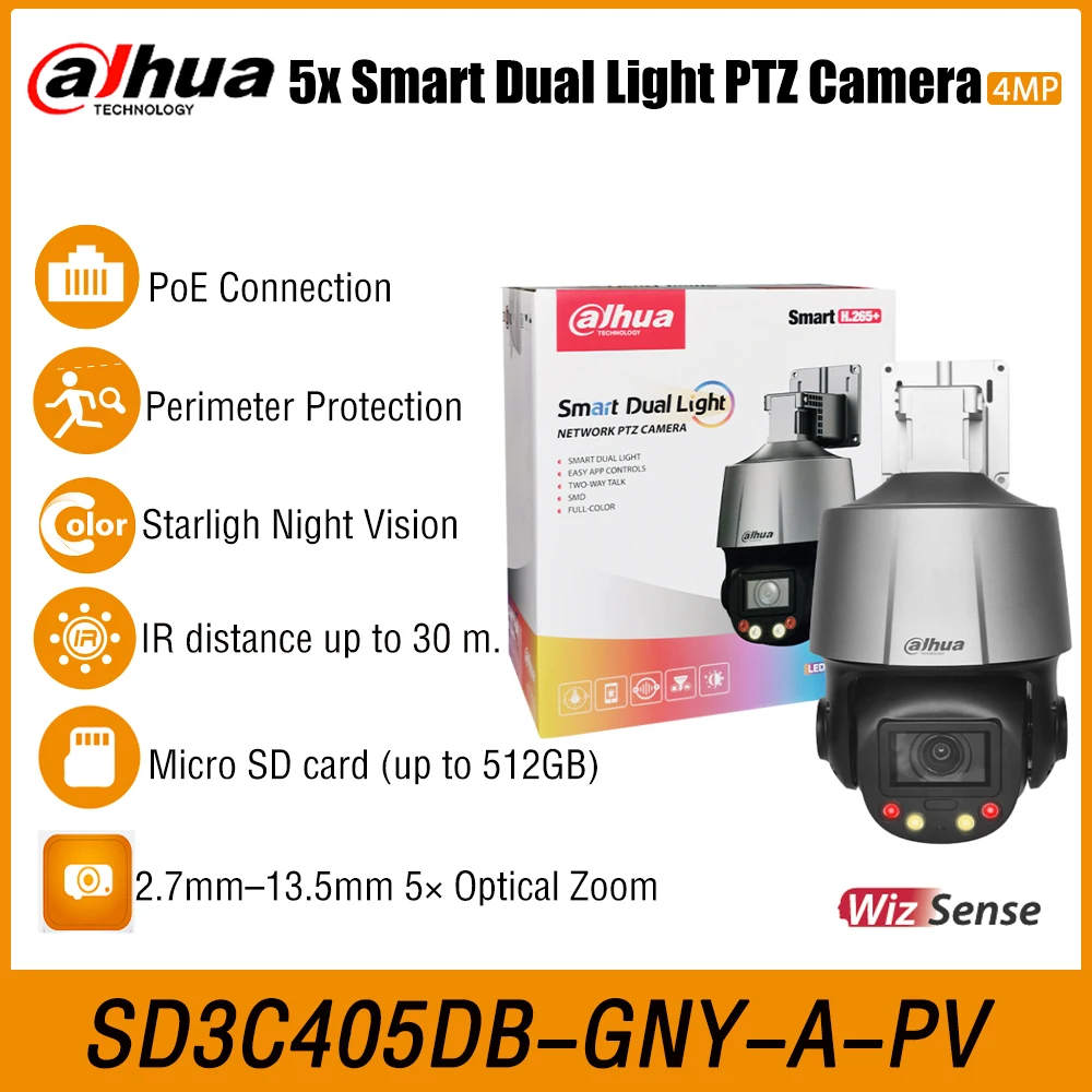 

Dahua SD3C405DB-GNY-A-PV 4MP PTZ Smart Dual Light Wizsense PoE AI Camera 2.7~13.5mm 5X Optical Zoom SMD3.0 IR30m Two-way Talk
