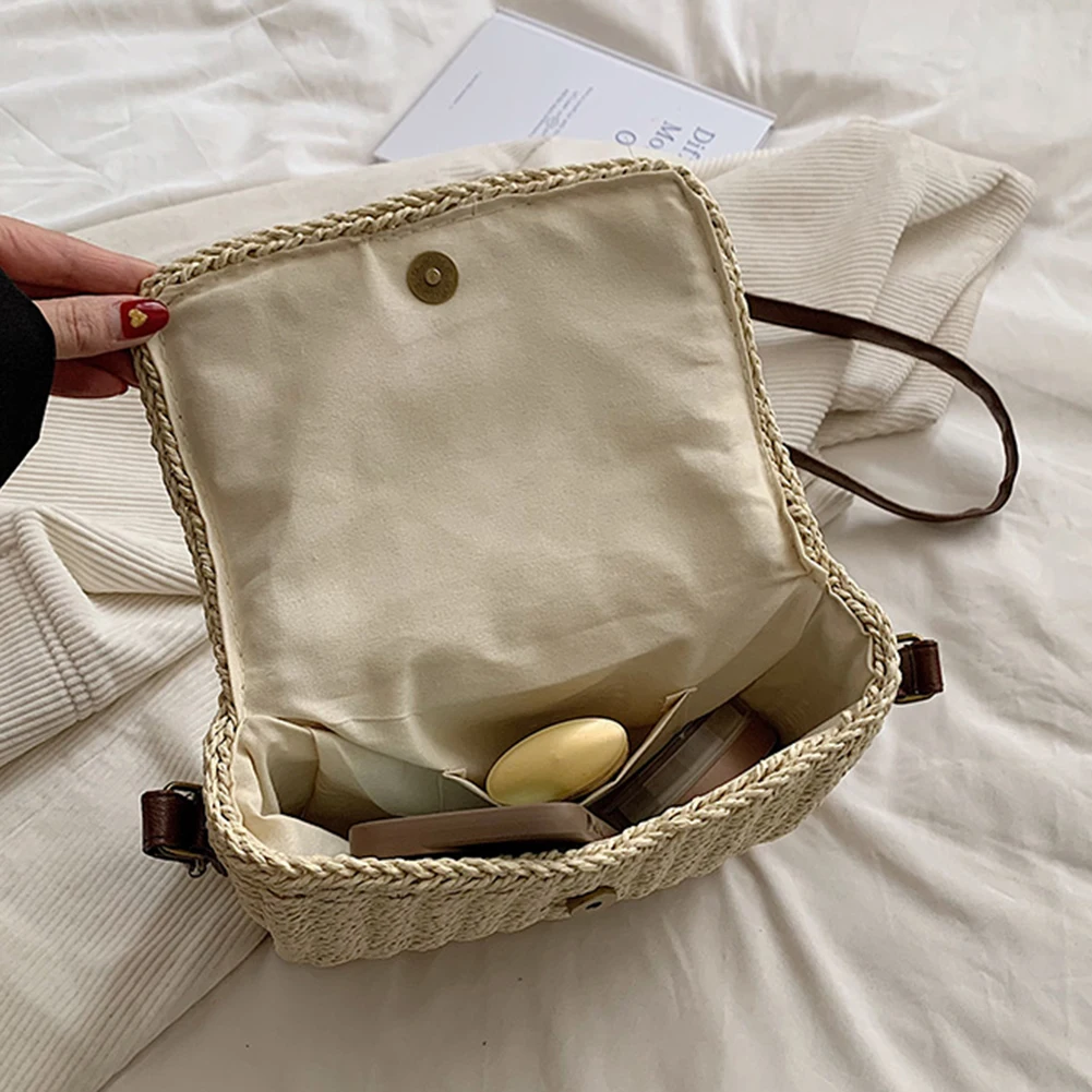 Modna słomkowa torebka Crossbody dla kobiet Raffia szydełkowa słomkowa torba na ramię Vintage kwadratowa tkane rattanowe torebka damska letnia torba