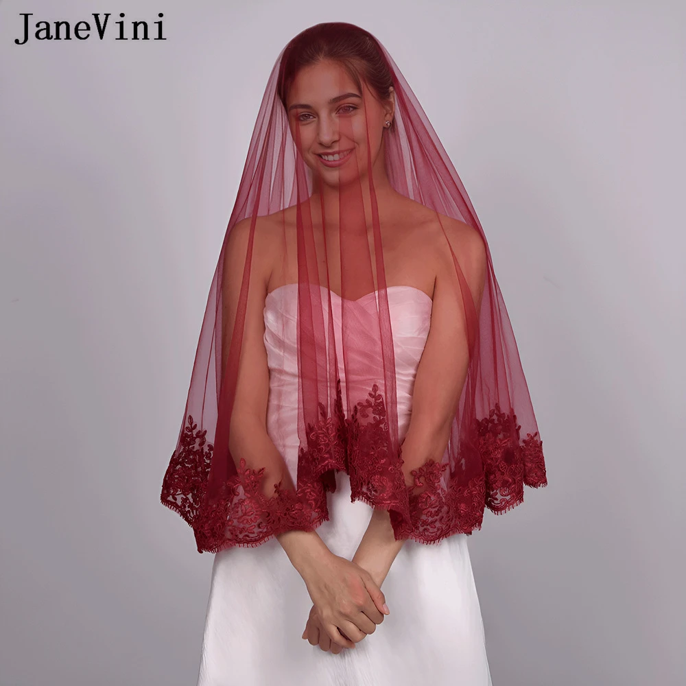 JaneVini Vintage Burgundy Lace Edge Short Wedding Veil without Comb One Layer Tulle Bride To Be Veil Blusher Bridal Headpieces