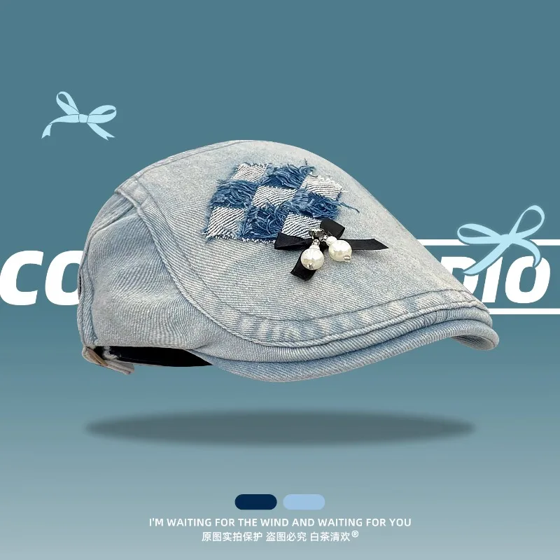 

Retro Checkerboard Plaid Bow Berets Cap for Women Summer Autumn Travel Versatile Show Face Small Retro Denim Forward Hats