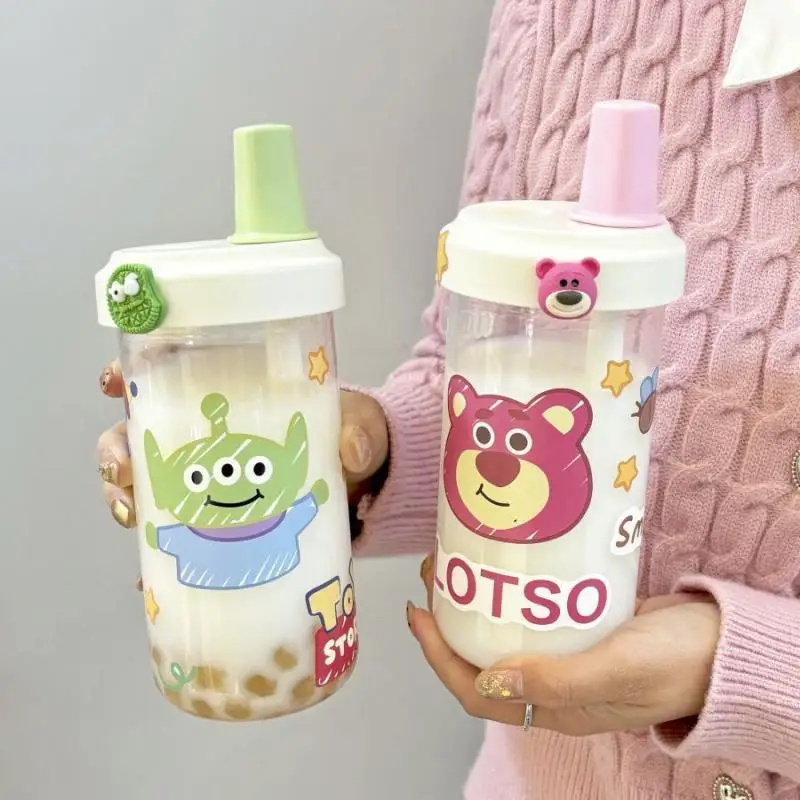 Cartoon Disney Lotso Strawberry Bear Plastic Bottle Double Drink Cup 520Ml Anime Alien Student Large Capacity Water Bottle Gift