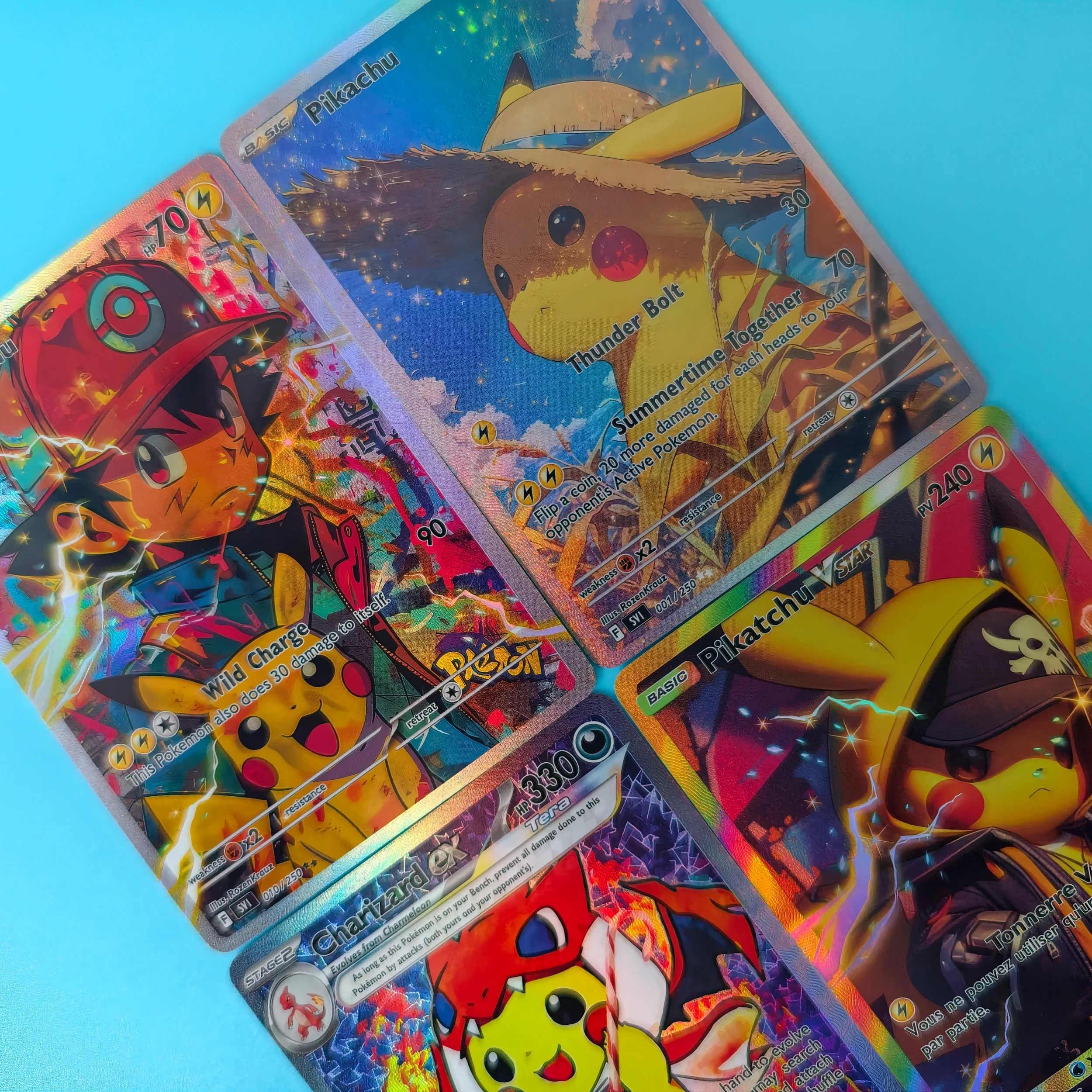 4Pcs Cosplay  Card TCG PKM Mixed Language  Collection Cards Holo texture Self Made Classic Game Anime Card