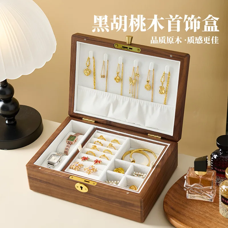2025 New North American Black Walnut Solid Wood Jewelry Box with Lock High-end Delicate Multi-layer Gold Bracelet Ring Item
