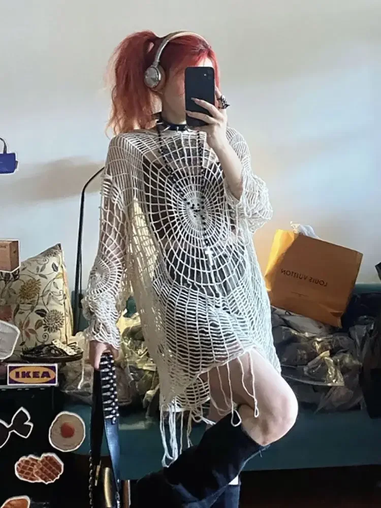 Spider Web Knitted Sweater Women Hollowed Out Hole Grunge Y2k Streetwear Vintage Crochet Long Sleeve Top Harajuku Coat