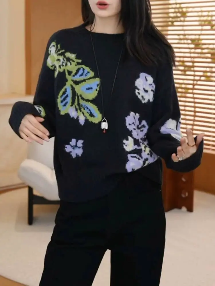 

Autumn Winter Casual Loose Vintage Print Cashmere Women Sweaters Long Sleeve Pullovers Contrast Color Chic Fashion Jumpers F343