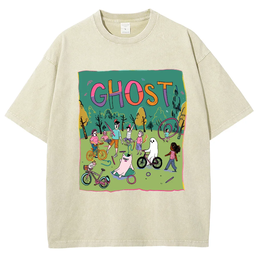 Cartoon Ghost T-shirts Berserk Washed Short T-shirts for Men Women Graphic Print, Washed Oversized, 100% Cotton, y2k Graffiti