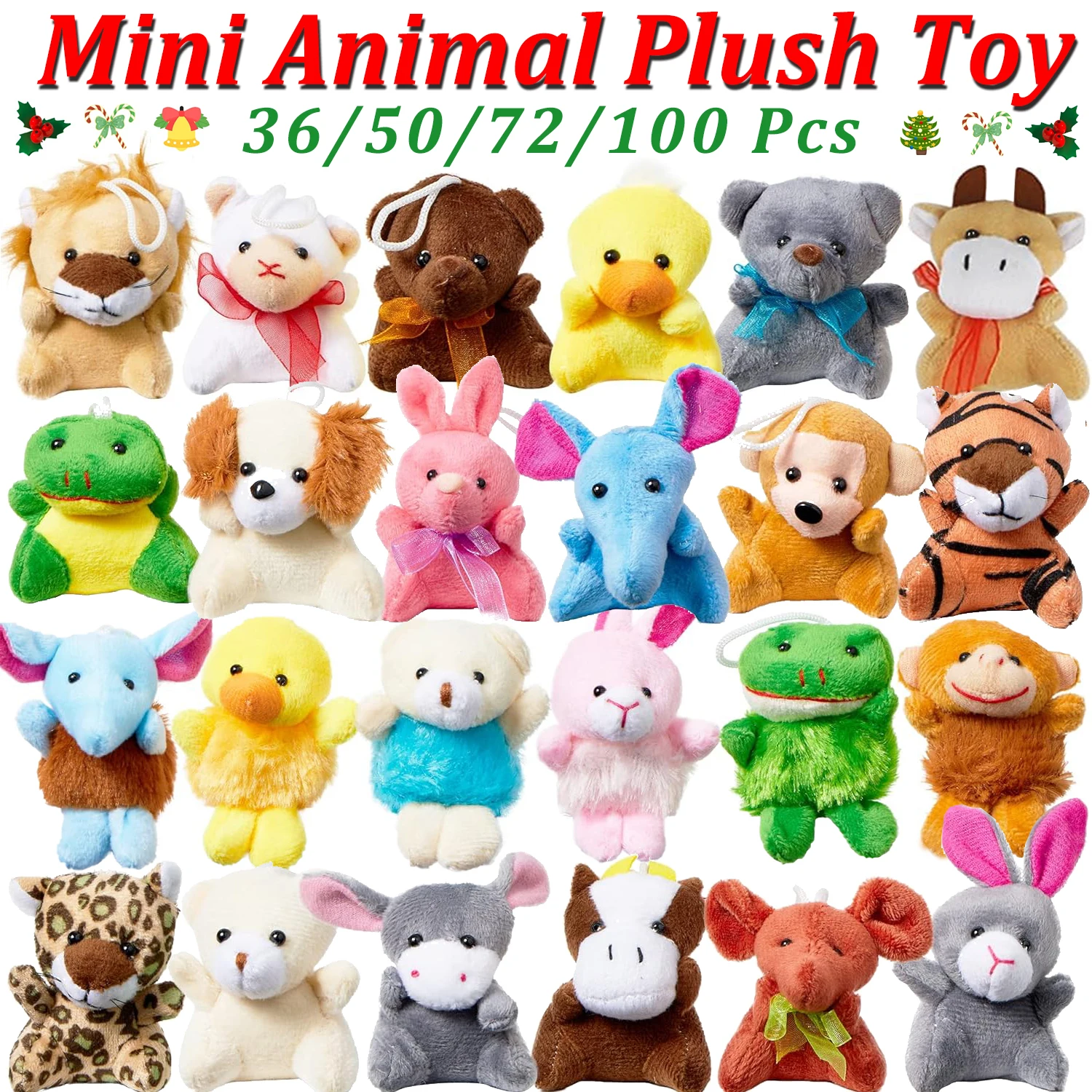 36-200Pcs Christmas Mini Plush Stuffed Animal Bulk Small Animal Toys Keychain Tiny Plush Keychains Animals Xmas Tree Decoration