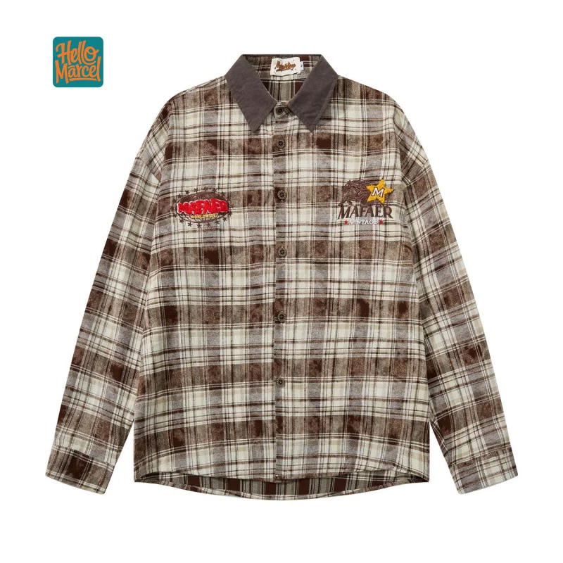 HELLOMARCEL EU US Size Luxury Quality Casual Shirt Street Wear Retro Embroidery Long Sleeve Oversize Plaid Shirt For Men Women