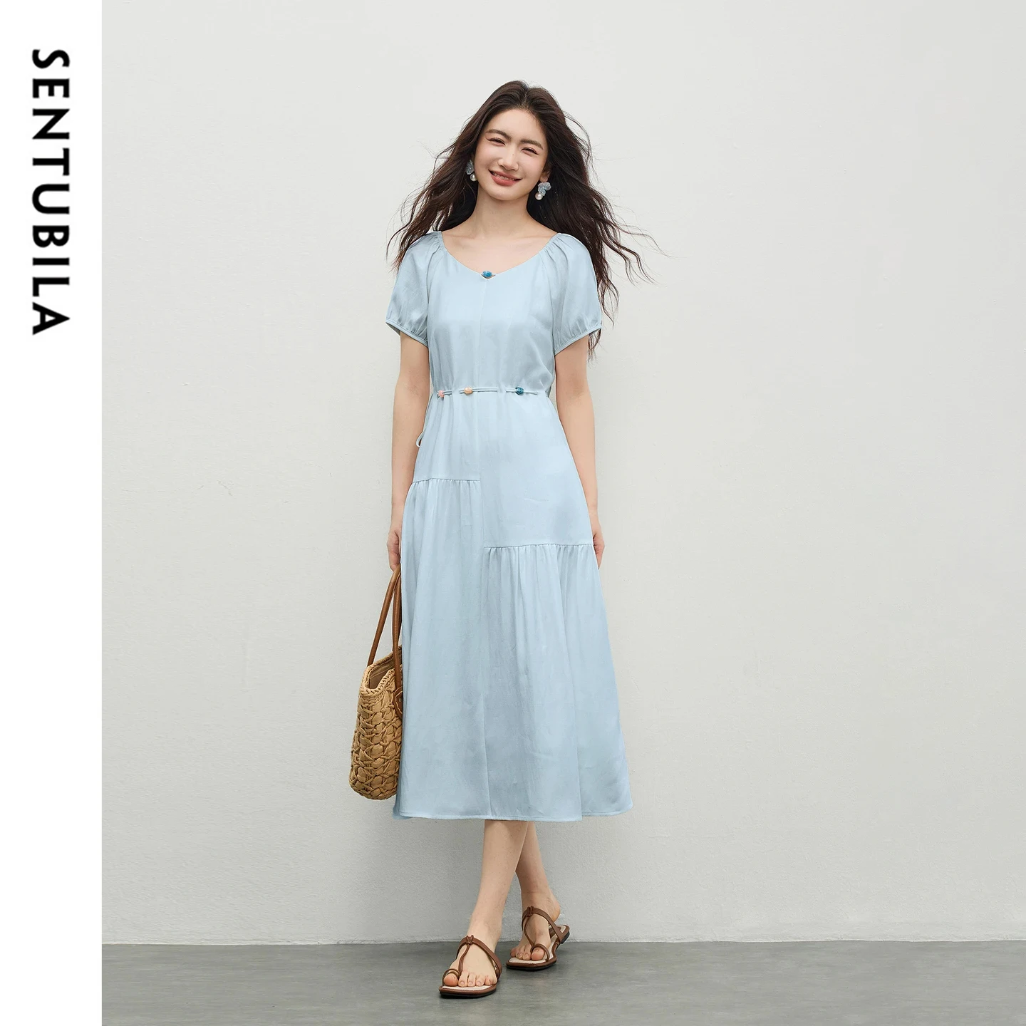 SENTUBILA Elegant A-Line Dress Women V-Neck Asymmetrical Patch Color Contrast Beaded Tie Puff Short Sleeve Midi Dress 162LO5948