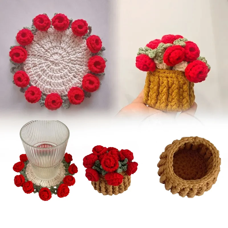 

Шерстяные вязаные крючком чашки ручной работы, трансформируемые в креативный подарок на день рождения, подставки для цветов, ручные подставки для букета роз