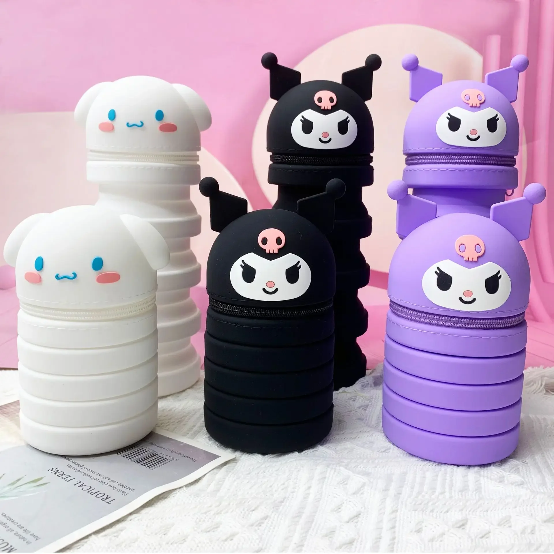 

Sanrio Folding Pen Bag Cartoon Figure Kawaii Purple Black Kuromi Silicone Resistant Pressure Relief Pens Holder Stationery Gifts