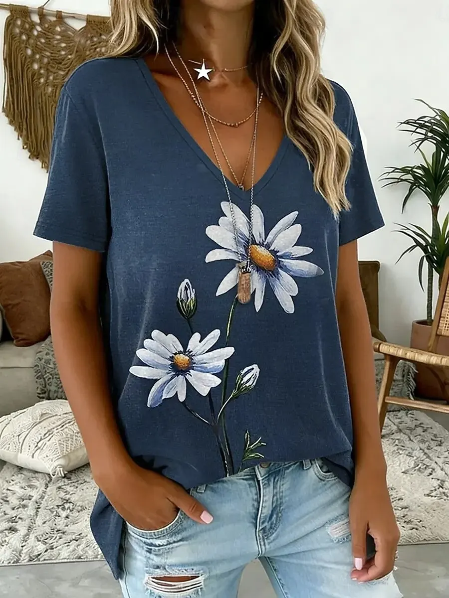 Women's Blue V Neck Short Sleeve Tops, Floral Graphic Print,Classic Stylish Regular T Shirt for Daily Going Out in Spring Summer